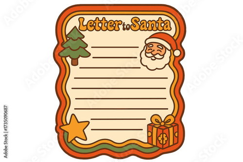 Groovy letter to Santa template. Retro 70s Christmas wishlist for child. Vintage cartoon paper sheet. Xmas holiday blank form. Festive vector illustration for kids.