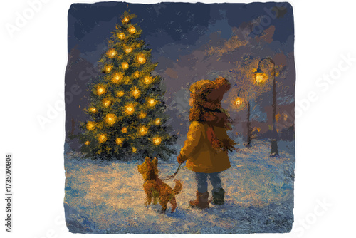 Child and pet dog on a winter walk admiring a lit Christmas tree. Magical snowy evening street scene. Cozy holiday season illustration in a classic oil painting style.