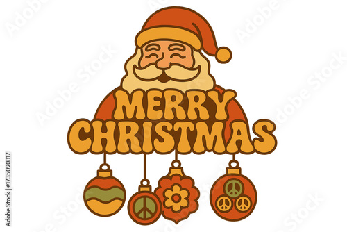 Merry Christmas retro 1970s groovy typography greeting card with Santa Claus. Ho ho ho holiday message and quote. Vector illustration with hippie style and peace signs.