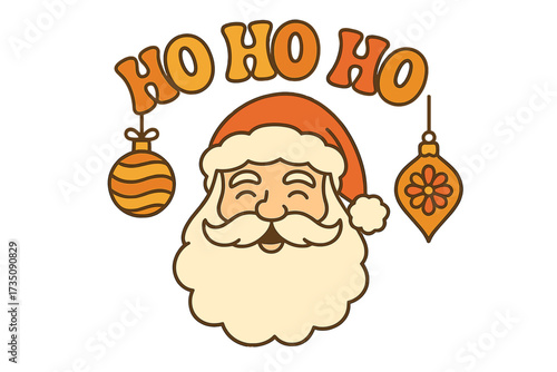Retro 1970s groovy Santa Claus face with Ho Ho Ho typography. Merry Christmas greeting card concept. Vintage hippie style holiday vector illustration with festive ornaments.