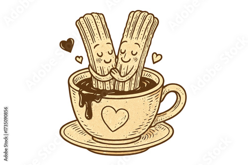 Cute churros couple in love, hugging in a hot chocolate cup. Retro hand-drawn vector mascot for a bakery. Funny character concept for Valentine's Day. Sweet food dessert.