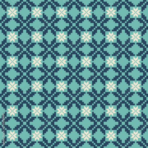 Blue-Green Tone Traditional Embroidery Art Abstract with Pixel Art Designs for Textile Print
