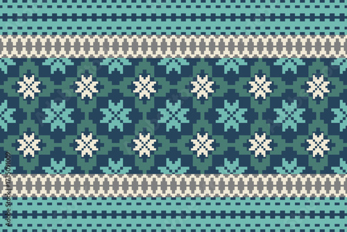 Blue-Green Tone Traditional Embroidery Art Abstract with Pixel Art Designs for Textile Print