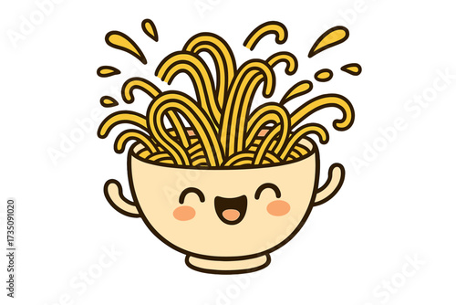Cute funny ramen bowl character with laughing kawaii face. Noodles splashing out. Vector hand drawn contour illustration icon. Asian Japanese food mascot for restaurant menu.