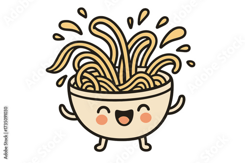 Cute ramen noodle bowl character splashing. Funny kawaii face mascot for Japanese or Asian food restaurant. Vector logo icon for delicious pasta, soup, or noodle bar concept.