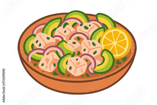 Peruvian ceviche with fresh raw fish, avocado, red onion, and lime. Traditional Latin American seafood dish. Healthy appetizer concept vector flat cartoon illustration.