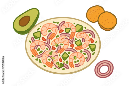 Peruvian ceviche with shrimp, avocado and red onion. Traditional delicious Latin American cuisine. Fresh seafood dish for restaurant menu. Vector flat cartoon illustration.