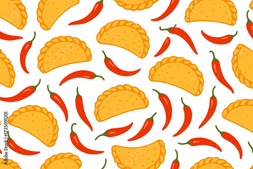 Seamless pattern with Mexican empanadas and red chili peppers. Hand drawn vector illustration of traditional Latin American street food for menu background, textile or packaging.