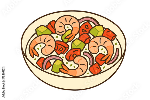 Ceviche seafood salad isolated vector concept. Shrimp, avocado, tomato, and onion salad of Latin American cuisine. National dish of Peru. Food flat hand drawn illustration.