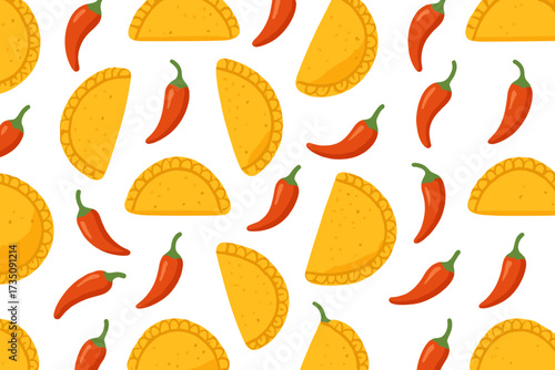 Seamless pattern with Mexican empanadas and red hot chili peppers. Vector flat illustration of latin american food. Traditional spicy snack for menu, wallpaper or packaging design.