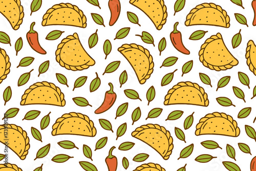 Mexican empanadas seamless pattern with hot chili peppers. Latin American food background. Traditional pastry snack vector art for restaurant menu, wrapping paper, or fabric.