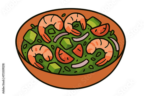 Ceviche seafood salad concept isolated. Shrimp, avocado, tomato, onion. Latin American cuisine. National dish of Peru. Healthy fresh food vector icon. Flat hand drawn illustration.
