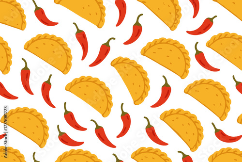 Mexican food seamless pattern with empanadas and red chili peppers. Latin American cuisine background. Hand drawn vector illustration for restaurant menu, packaging, textile.