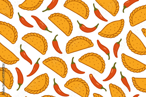 Seamless pattern with Mexican Empanadas and chili peppers. Latin American food vector illustration. Traditional spicy pastry background for textile, packaging, menu design.