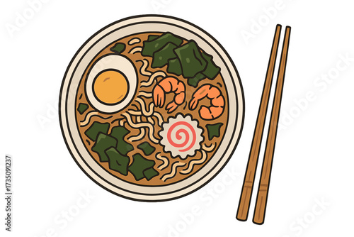Ramen noodle soup bowl with egg, shrimp, narutomaki, and nori seaweed. Top view of Asian Japanese food with chopsticks. Hand drawn vector contour illustration for menu design.