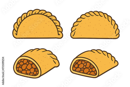 Set of empanadas vector illustrations. Whole and half-cut savory pastry showing filling. Hand-drawn cartoon flat design element for Latin American food menu or snack concept.