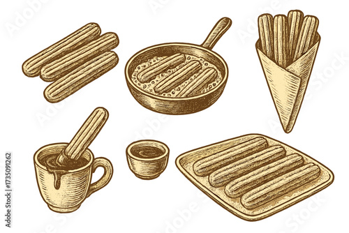 Churros set vector. Traditional Spanish dessert. Frying churro in pan. Pastry with chocolate sauce. Street food snack. Vintage sketch illustration for menu, cafe, bakery design.