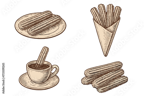 Set of churros, a traditional Spanish dessert. Vintage engraving style vector illustrations. Churro with hot chocolate, on plate, and in paper cone for bakery menu or cafe sign.