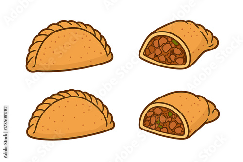 Empanadas vector set. Whole and half cut pastry showing meat filling. Hand drawn cartoon illustration. Traditional delicious Latin American savory street food snack design.