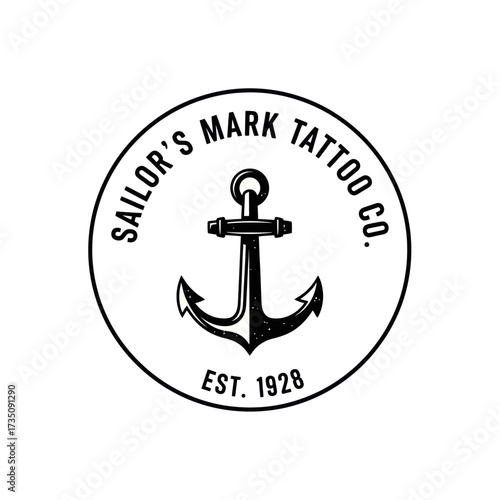 Vintage circular logo for Sailor's Mark Tattoo Co. featuring a classic anchor design and establishment year 1928.