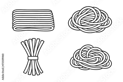 Uncooked Asian Udon Noodles Set, Traditional Korean and Japanese Food Ingredients, Vector Linear Illustration, Oriental Noodles Bundle, Cartoon Style Vector Art