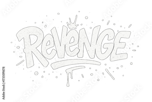 Vengeance urban graffiti text sprayed with white leaks and splashes, textured hand-drawn vector illustration, street art style, spray paint effect, cartoon vector design