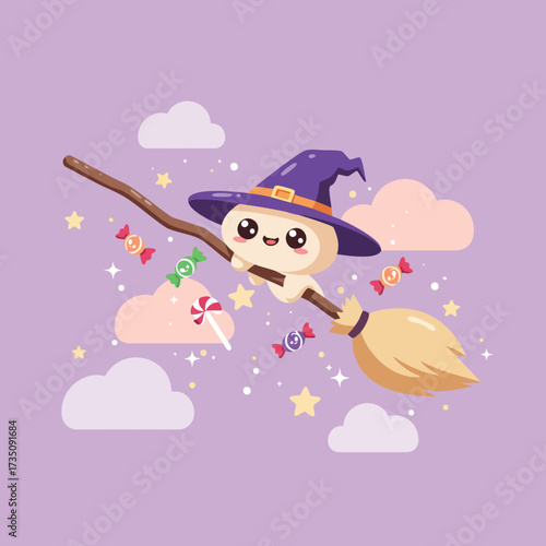 illustration of a flying broom with a cute witch