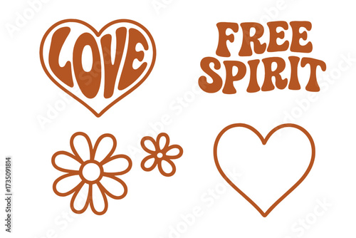Groovy hippie 70s sticker pack. Retro love lettering in heart shape. Free spirit quote. Boho flowers set. Vintage Valentines day typography elements. 60s aesthetics graphics.