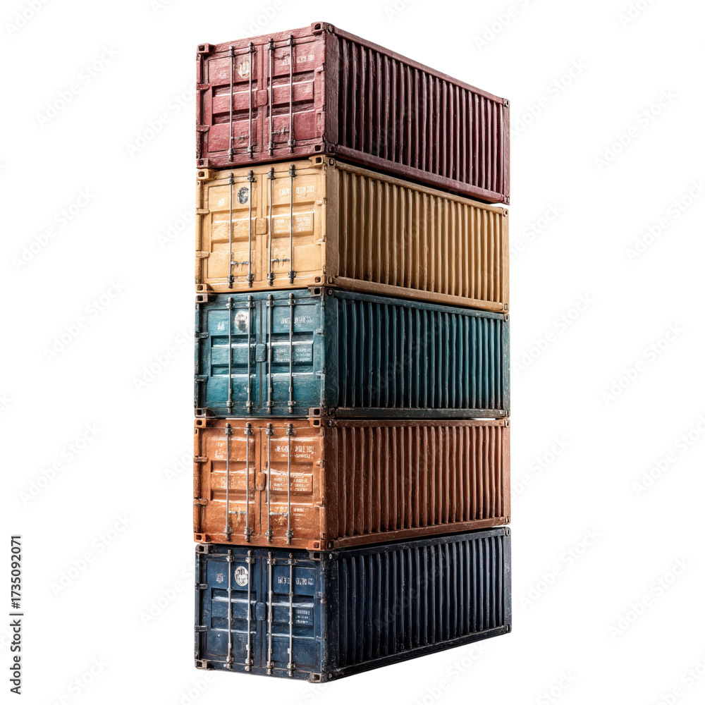 Fototapeta premium Stack of vibrant freight containers in port concept. Colorful shipping containers stacked in an industrial setting.