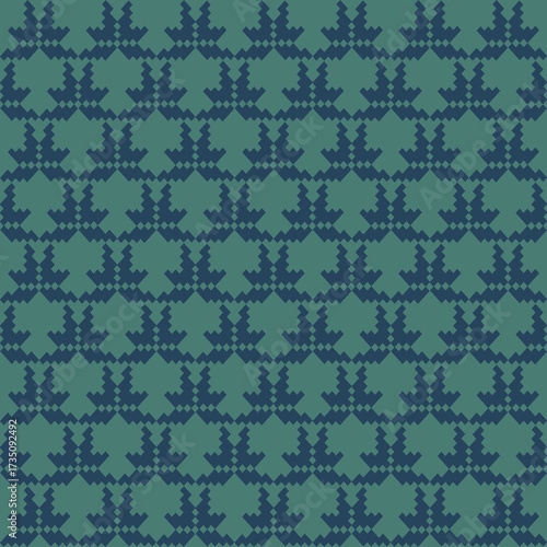 Blue-Green Tone Traditional Embroidery Art Abstract with Pixel Art Designs for Textile Print