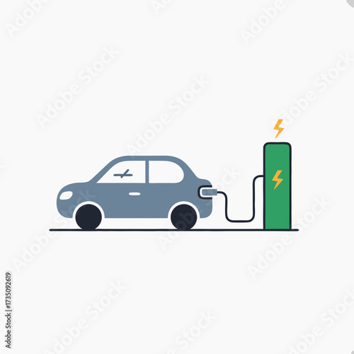 Minimalist Vector Icon of a Blue Electric Car Charging at a Green Station, Symbolizing Sustainable Energy and Eco friendly Transportation