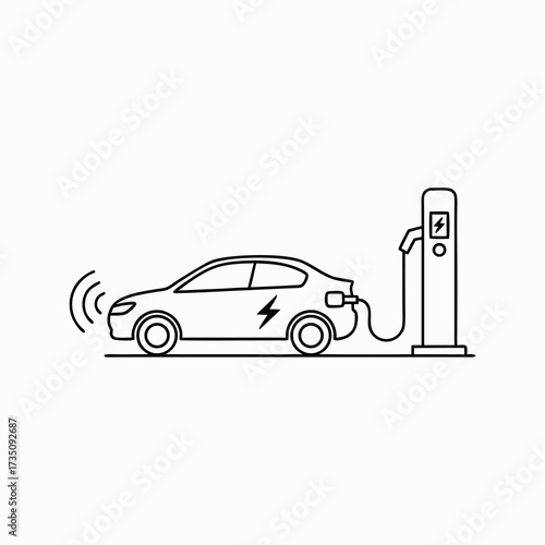 Outline Vector Icon of an Electric Vehicle Charging at a Public Station with Wireless Signals