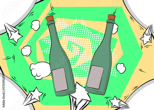Cartoon glass bottle, comic book drink. Retro vector comics pop art design.