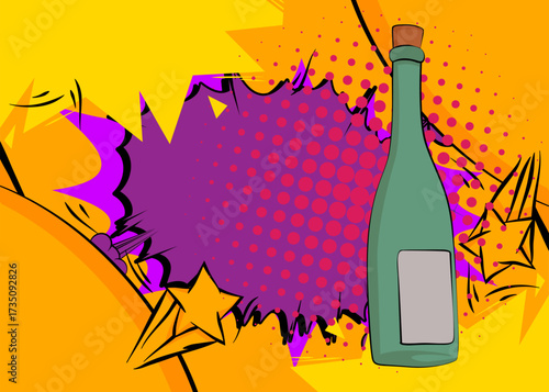 Cartoon glass bottle, comic book drink. Retro vector comics pop art design.