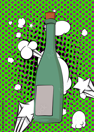 Cartoon glass bottle, comic book drink. Retro vector comics pop art design.