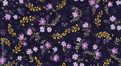 A lovely dark background featuring small scattered purple and yellow flowers and foliage.