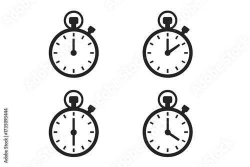 Stopwatch timer icon set showing different times. Vector illustration for concepts like speed, deadline, countdown, and time management. Flat simple minimal clock face design.