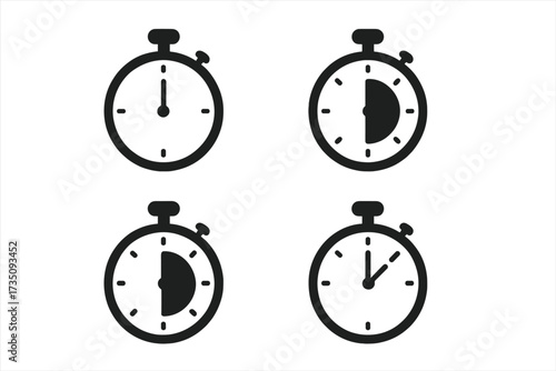 Stopwatch timer icon set. Vector illustration of clocks showing time intervals. Countdown, deadline, and speed concept. Simple flat chronometer design for web and apps. Measure.