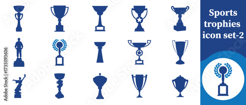 Sports trophy icon set, leader, excellence, honor, recognition, number, white, material, goal, motivation, best, modern, top, victory, set, star, blue, foot, flat, leadership and more