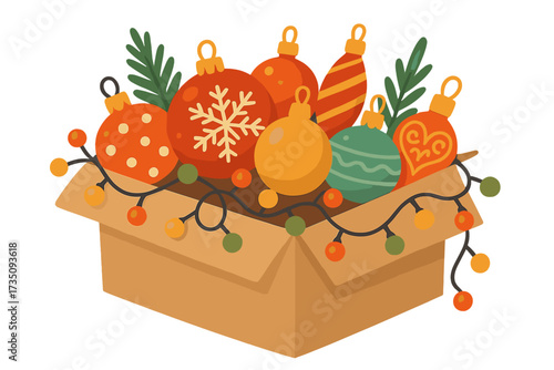 Christmas holiday preparation with a cardboard box full of festive ornaments, decorative baubles, and a light garland. Xmas tree decoration storage. Vector flat illustration.