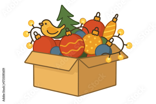 Cardboard box full of Christmas decorations. Festive holiday ornaments, baubles, string lights, a tree and a bird figure. Xmas preparation concept. Flat vector illustration.