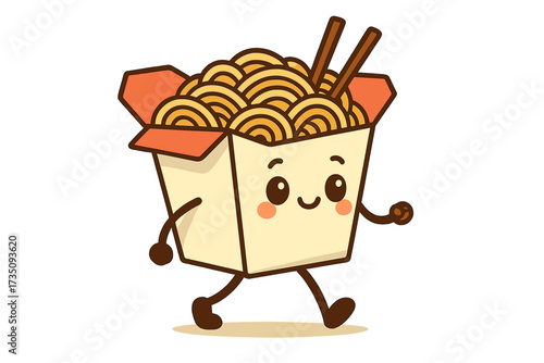 Cute Chinese noodles mascot walking. Asian food delivery concept. Japanese noodle paper box character with kawaii eyes and chopsticks. Wok lunch meal vector for takeout menu.