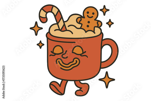 Groovy Christmas hot chocolate character. Retro 70s cartoon mug with cocoa, candy cane, and gingerbread man. Cute walking cup mascot for winter holiday drink concepts. Vector.
