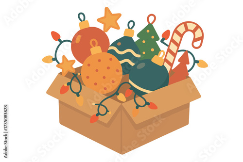 Christmas decorations in a cardboard box. Holiday storage concept with festive ornaments, Xmas tree balls, baubles, candy cane, star and string lights. Flat vector illustration.