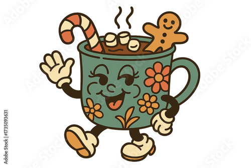 Groovy Christmas hot chocolate mug character. Retro 70s cartoon cup of cocoa with candy cane, gingerbread man. Vintage holiday mascot for festive design. Cute winter drink.