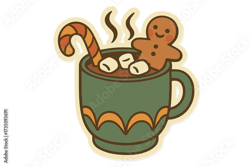 Christmas retro sublimation sticker with groovy hot chocolate. Mug of cocoa with gingerbread man, candy cane and marshmallow. Warm and cozy winter holiday drink vector illustration.