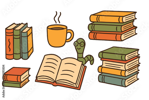 Cozy set of book stacks, coffee cup and funny bookworm. Hand drawn cartoon vector illustration for library, reading, literature and education. Autumn learning and studying concept.