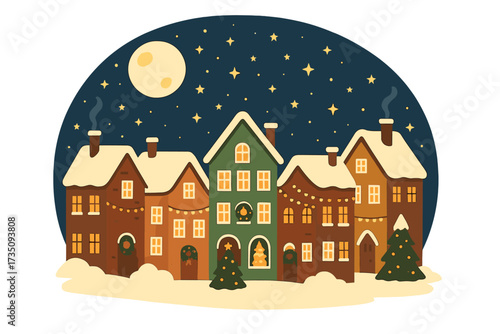 Winter night cityscape with a cozy Christmas village. Snowy old town with decorated houses under a full moon. Festive Xmas eve background for greeting card. Vector illustration.