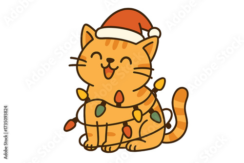 Funny Christmas cat tangled in lights garland. Cute ginger kitten in Santa hat. Festive holiday pet cartoon character for greeting card, t-shirt print, winter design.