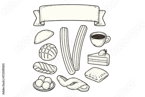 Hand-drawn Latin American bakery set. Panaderia food collection with churros, pan dulce, and coffee. Sketch style pastry and dessert menu elements. Vintage vector illustration.